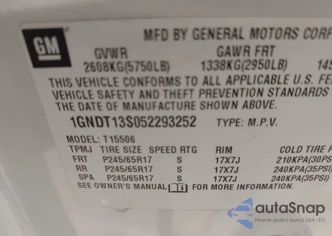 2005 Chevrolet Trailblazer Lt из США, поврежденный, VIN 1GNDT13S052293252